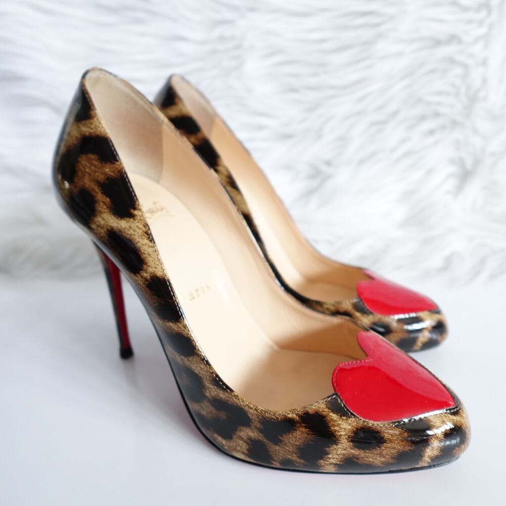 Christian Louboutin Leopard Cheetah Print Patent Leather Red Heart Pump 36.5